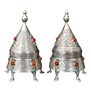 Pair of Antique Islamic Calligraphy Qajar Period Ottoman Persian Silver & Carnelian Boxes 1880