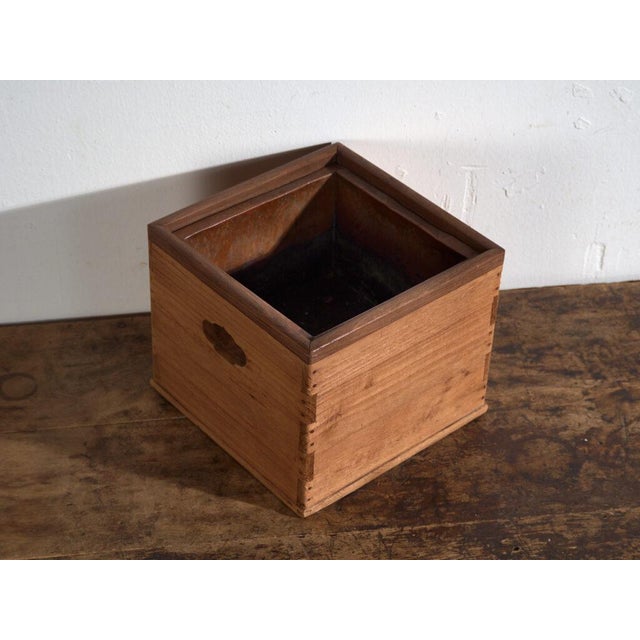 Japanese hibachi brazier box made of wood and copper, with exposed dovetail joints at all four corners, made in japan in...