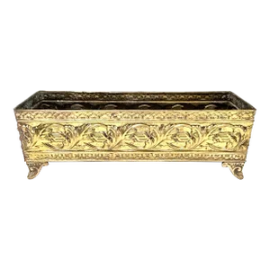 Hollywood Regency Embossed Brass Footed Planter – Vintage Floral Cachepot