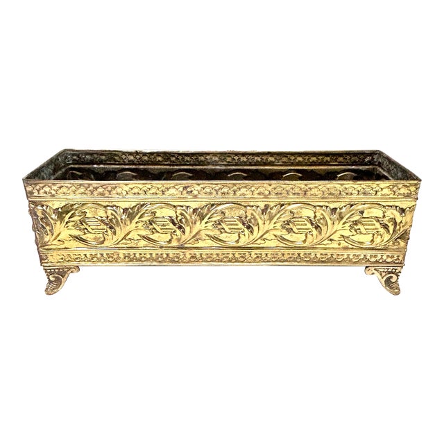 Hollywood Regency Floral Embossed Brass Footed Cachepot Planter For Sale