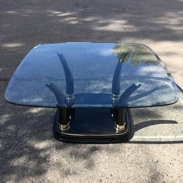 Mid-Century Modern Mid 20th Century Postmodern Faux Elephant Tusk Glass Top Coffee Table in Black Lacquer Manner of Henredon For Sale - Image 3 of 13