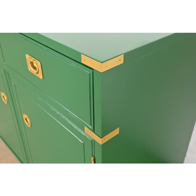 Thomasville Mid-Century Hollywood Regency Campaign Green Lacquered Bar Cabinets, Newly Refinished For Sale - Image 9 of 13