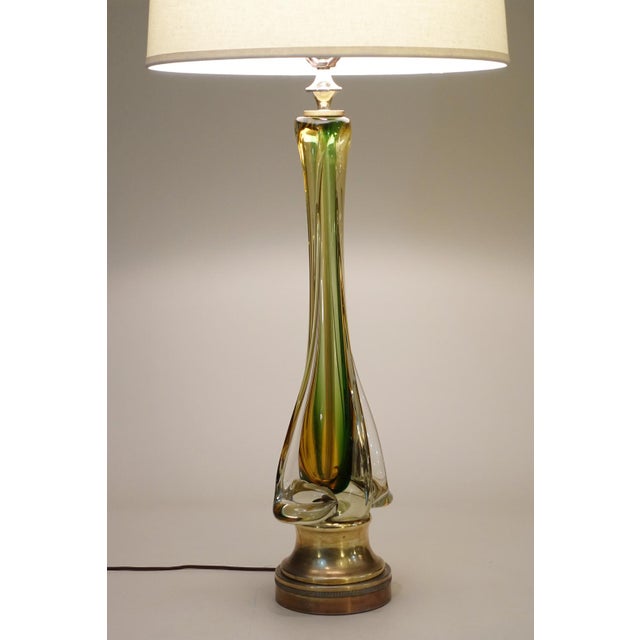 Metal 1970s XXL Murano Sommerso Thick Swirl Art Glass Brass Table Lamp Barovier Toso Italy For Sale - Image 7 of 13