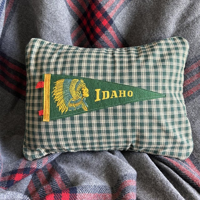 Cabin Idaho Native American Vintage Pennant on New Woven Plaid Throw Pillow For Sale - Image 3 of 4