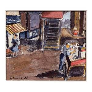 Samuel Grunvald1940 American WPA Modernist New York City Watercolor Painting Pushcart Tenements, c.1940