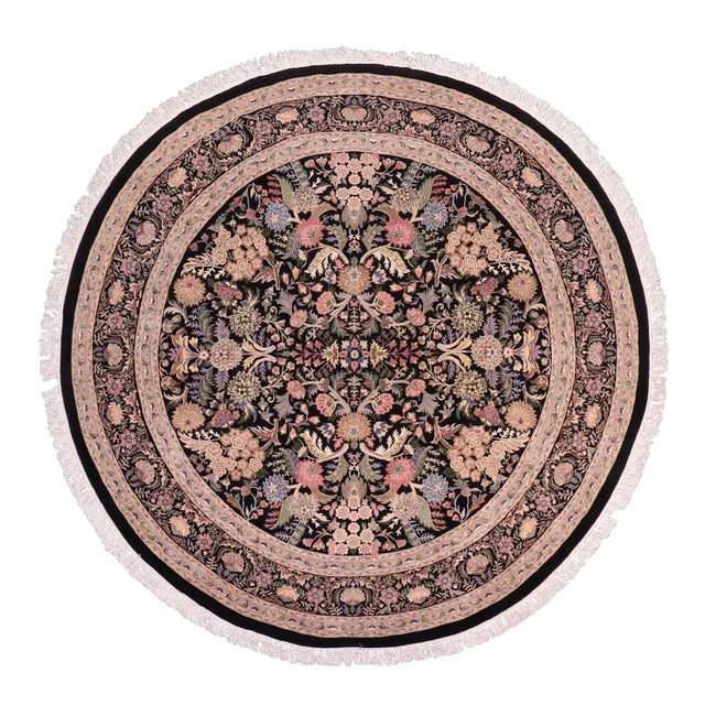 Art Nouveau Floral 1990's Pak-Persian Black/Gray Wool Round Rug- 9'0'' X 9'2'' For Sale