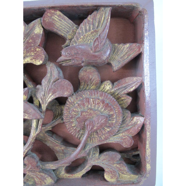Wood Chinese Red Gold Gilt Pierced Carved Wood Lotus Flowers & 2 Birds Art Panel For Sale - Image 7 of 7