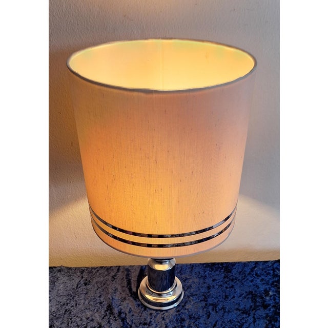 Vintage German Table Lamp with Chrome-Plated Metal Base and Original Fabric Shade by Aro, 1970s For Sale - Image 3 of 8