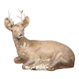 American 1950s Concrete Reclining Deer with Antlers and Weathered Appearance For Sale