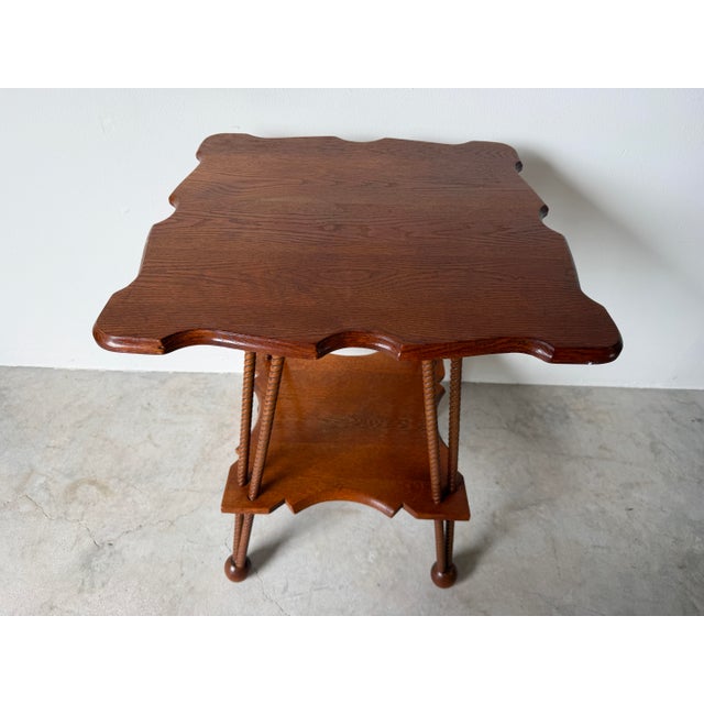 Mid-Century Modern Antique Arts & Crafts Style Two-Tier Oak Accent Table With Scalloped Top Barley Twist Legs and Ball Feet For Sale - Image 3 of 12