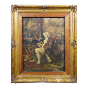 Antique Colonial Man Reading in Library Oil Painting on Board 33"