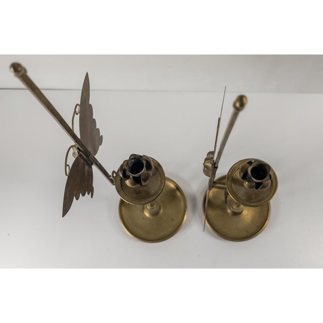 Brass 20th Century Pair of Korean Brass Candlestick Holders With Butterflies or Moths For Sale - Image 8 of 11