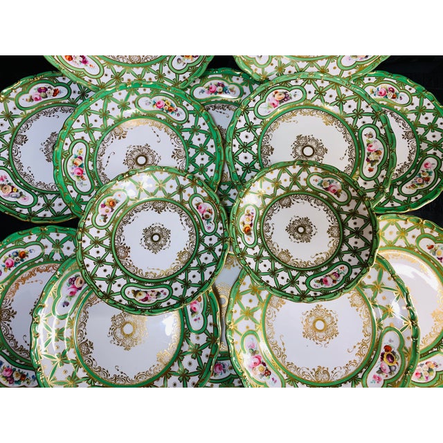 Metal Early 19th Century Rare Green and Gold Floral Davenport Longfort Staffordshire Plates - Set of 14 For Sale - Image 7 of 11