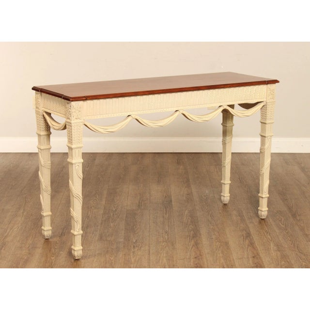 Chinese French Louis XVI Style Painted Base Cherry Console Tables - A Pair For Sale - Image 3 of 12