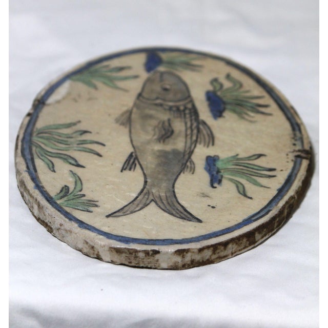 Mid 19th Century Large, Rare, Oval 10.5" Antique Qajar Persian Polychrome Tile With Image of a Fish For Sale - Image 5 of 7
