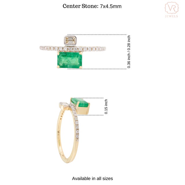 Gold East West Octagon Emerald & Diamond Wedding Ring Size 5 For Sale - Image 8 of 12