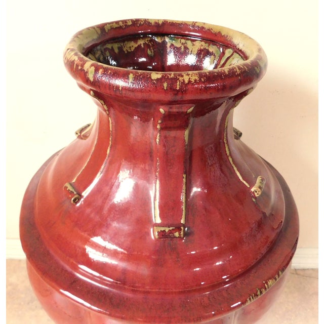Large 25" Ornate Bombay Red Stoneware Figural Lion Handle Urn Vase For Sale - Image 4 of 17