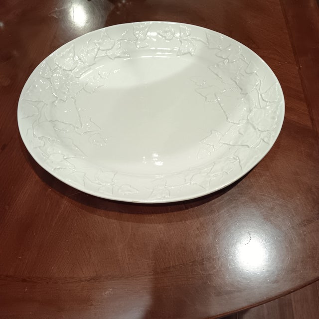 Large Vintage White Oval Ceramic Platter With Embossed Leaf Design. Perfect for holiday gathering and festive dinners....