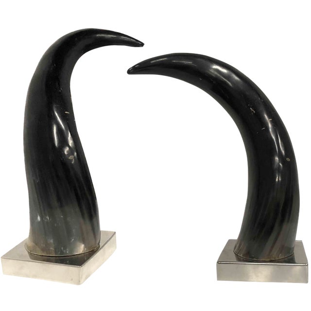 Contemporary Mounted Horns on Silver Chrome Bases - a Pair For Sale