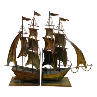 Mid Century Brass Nautical Maritime Sailboat Clipper Ship Library Bookends For Sale