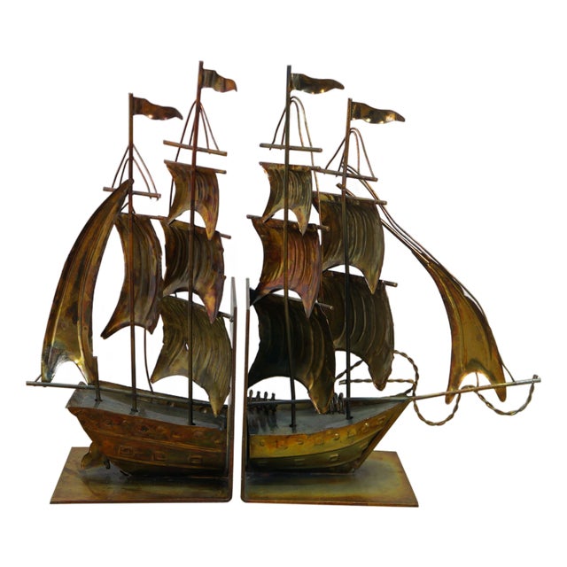 Mid Century Brass Nautical Maritime Sailboat Clipper Ship Library Bookends For Sale