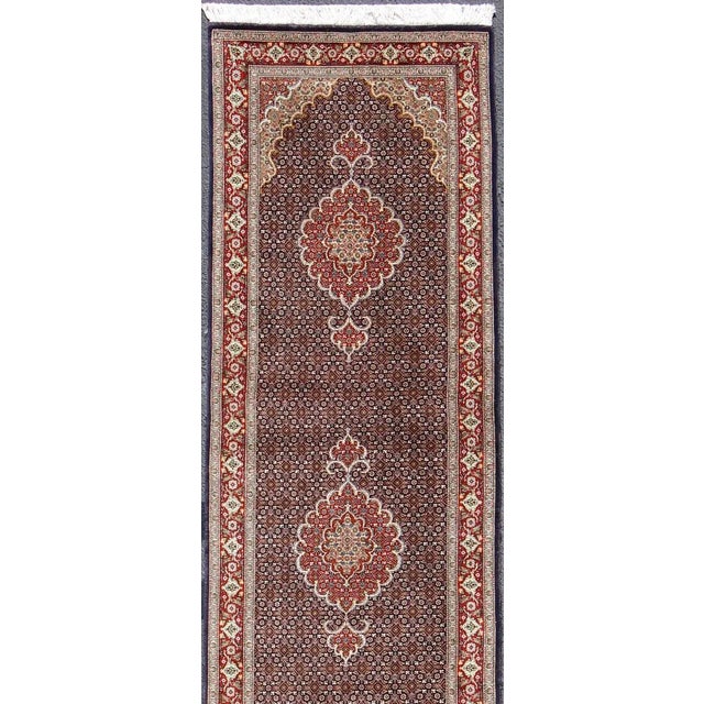 Vintage Persian Tabriz Runner Featuring Central Medallion Motifs on Navy Field 2'7 X 12'7 For Sale - Image 4 of 13