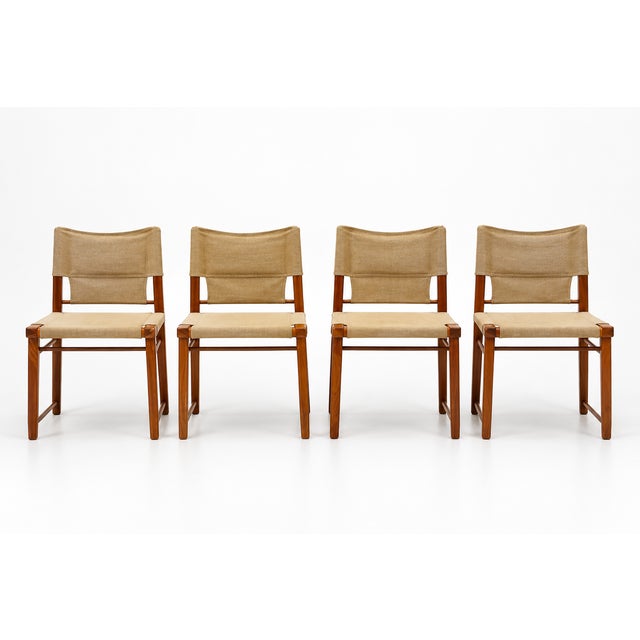 Italian Wooden Dining Chairs with Canvas Upholstery, 1970s, Set of 4 For Sale - Image 3 of 10