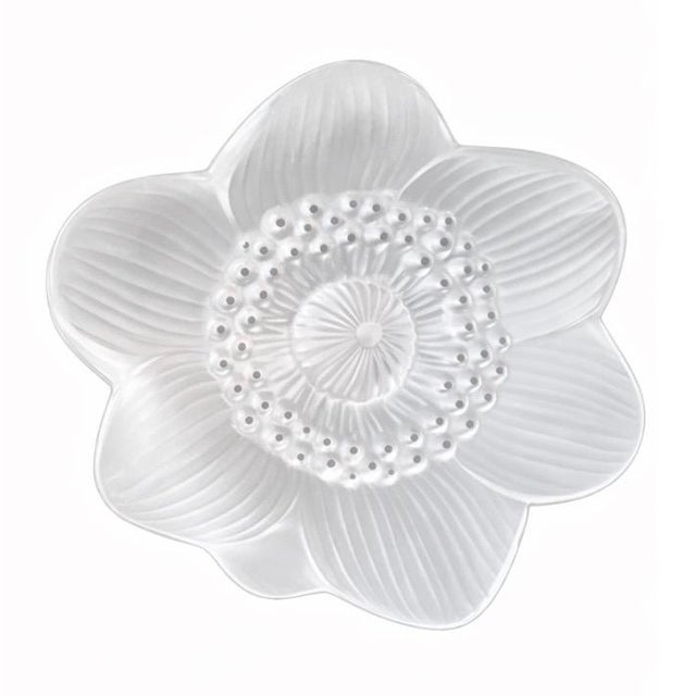 Authentic Lalique Anemone crystal flower paperweight, crafted in fine lead crystal with delicate black enamel accents...