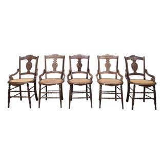 Antique French Provincial Oak Dining Armchairs With Cane Seats - Set of 5 For Sale