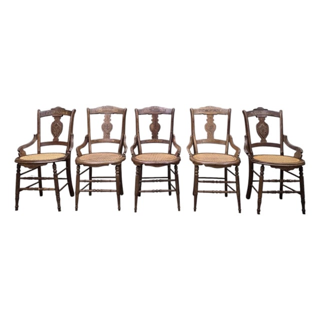 Antique French Provincial Oak Dining Armchairs With Cane Seats - Set of 5 For Sale