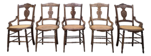 Antique French Provincial Oak Dining Armchairs With Cane Seats - Set of 5