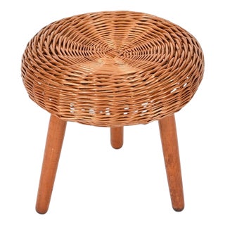 Mid-Century Stool or Side Table in Wicker and Wood by Tony Paul, Italy, 1950s For Sale