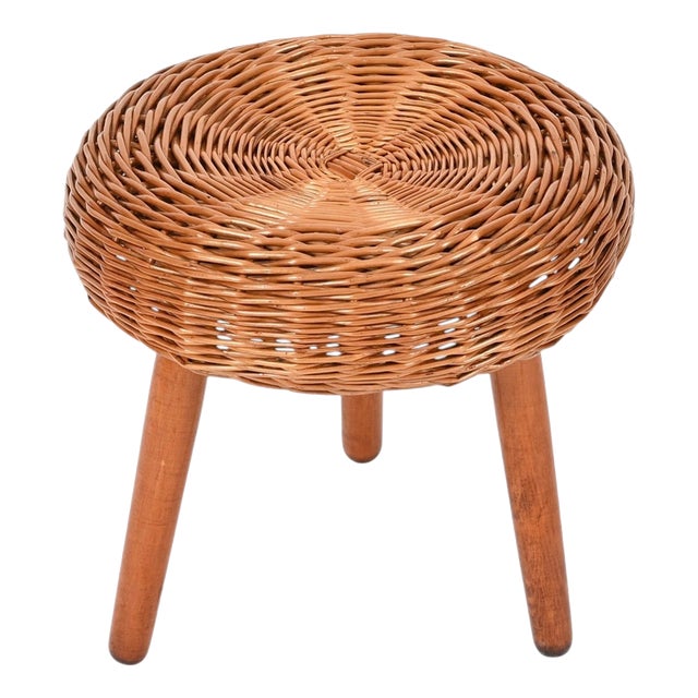Mid-Century Stool or Side Table in Wicker and Wood by Tony Paul, Italy, 1950s For Sale