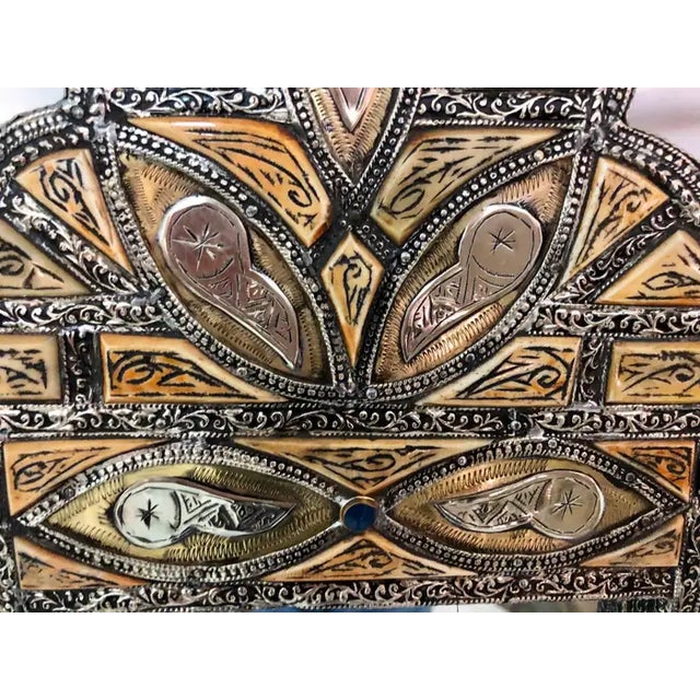 Islamic Vintage Moroccan Moorish Handmade Arched Vanity or Wall Mirror With Brass Inlay For Sale - Image 3 of 12
