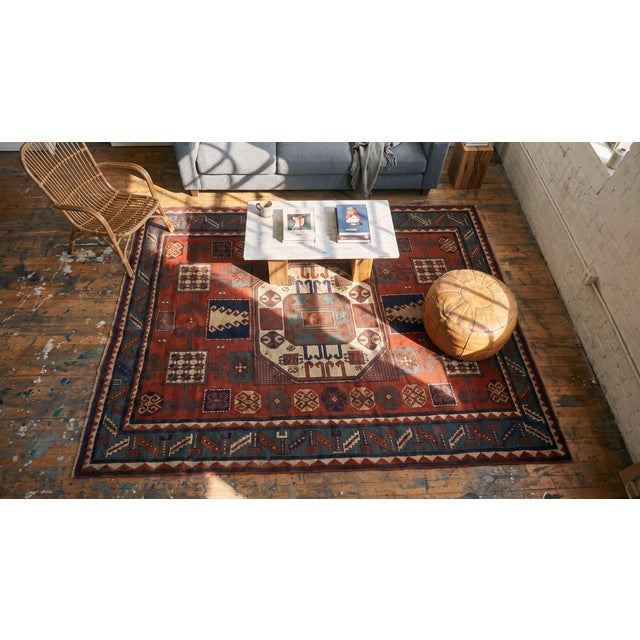 Red 1880s Red Geometric Antique Caucasian Kazak Karachopf Rug 6'2" X 7'3" Knotted Pile Wool Carpet For Sale - Image 8 of 8