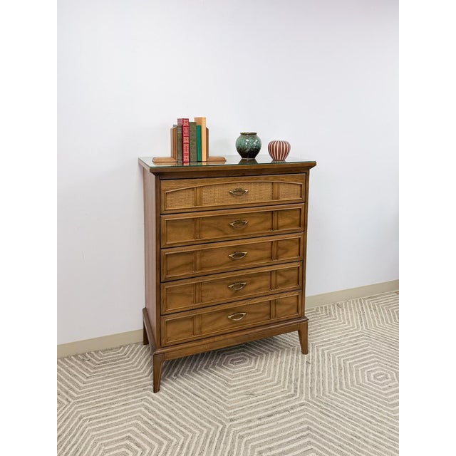Dixie MCM Tallboy Dresser Woven Drawer Fronts Brass Pulls Vintage Furniture For Sale - Image 11 of 11