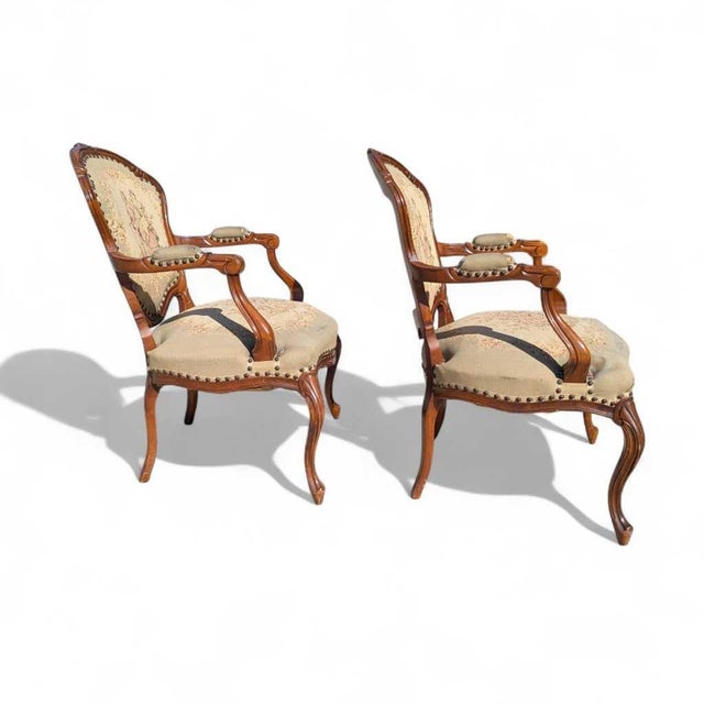 Pair of Early 20th Century Louis XV-Style Carved Wood Armchairs With Tapestry Upholstery For Sale In Los Angeles - Image 6 of 14