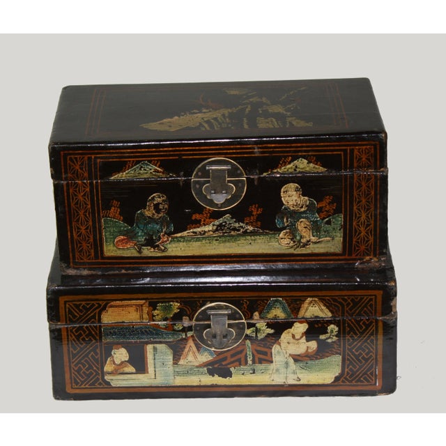 Black Hand Painted Vintage Chinese Jewelry Box For Sale - Image 8 of 12