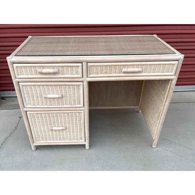 1970s MidCentury Whitewash Rattan/Wicker Glass Top Desk Chairish