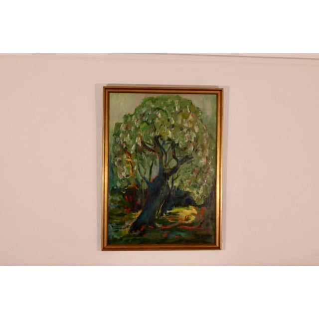 Original mid century oil on canvas – “tree” by n. Kallio – signed – 95 × 70 cm (37.4" × 27.6") a striking mid-century oil...