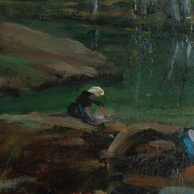 Joaquim Vayreda Y Vila, Barbizon School Women Washing by the Riverbank, 1800s, Oil on Canvas For Sale - Image 3 of 7