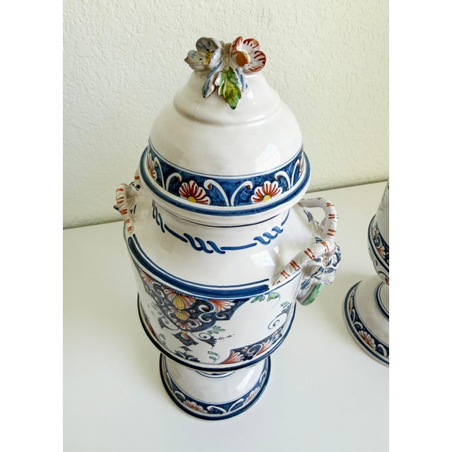 Pair of Mid-Century French Hand Painted Faience Urns With Ram Head Handles For Sale - Image 10 of 18