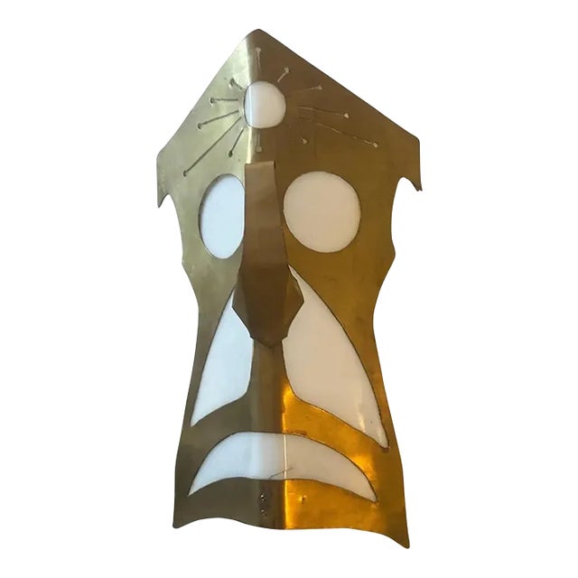 1980s Modernist Brass and White Plexiglass Tribal Mask Wall Light For Sale