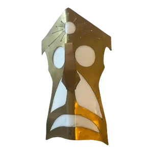 1980s Modernist Brass and White Plexiglass Tribal Mask Wall Light
