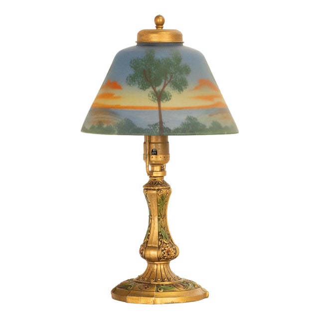1910s Handel Art Nouveau Frosted Glass Reverse Painted Boudoir Table Lamp For Sale