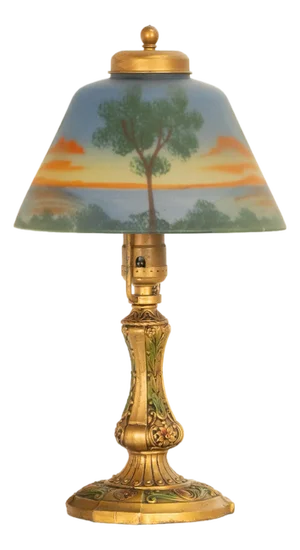Antique Handel Art Nouveau Glass & Bronze Reverse Painted Landscape Boudoir Table Lamp 1920