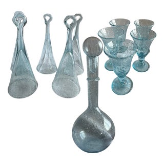 Vintage Blown Glass Decanter and Glassware in Blue Bubble Glass by Biot, 1970s, Set of 11 For Sale