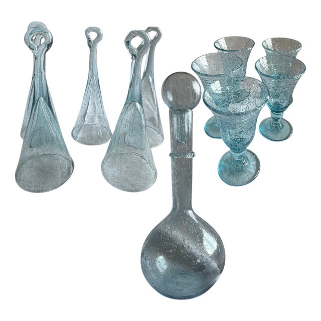 Vintage Blown Glass Decanter and Glassware in Blue Bubble Glass by Biot, 1970s, Set of 11 For Sale