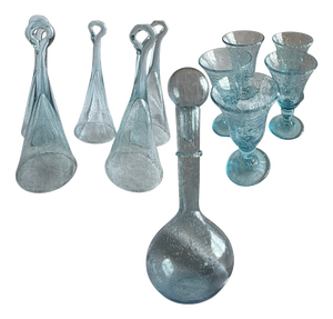 Vintage Blown Glass Decanter and Glassware in Blue Bubble Glass by Biot, 1970s, Set of 11