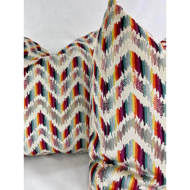 Chevron Cut Velvet in Rainbow 22” Pillows-A Pair For Sale - Image 4 of 5